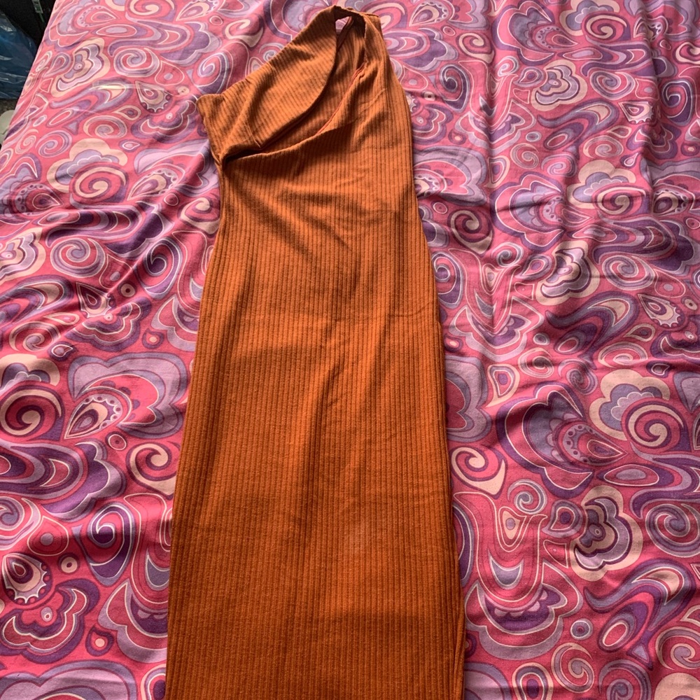 Adrienne Rust CutOut Single Shoulder Ribbed Dress